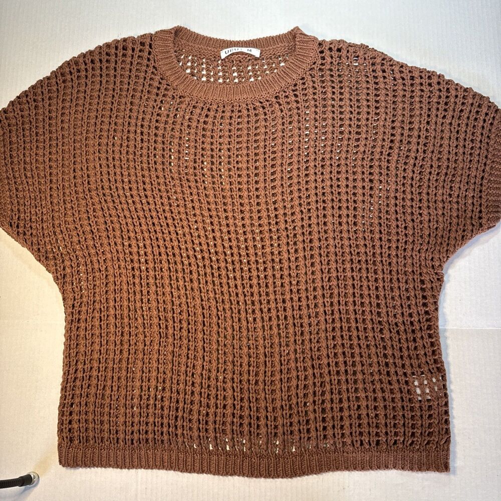 UEU Rust Terracotta Open Knit Crochet Sweater Medium Boho Mesh Fall Layers Boxy